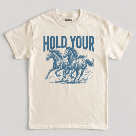 Hold Your Horses Retro Funny Graphic T-Shirt in Natural