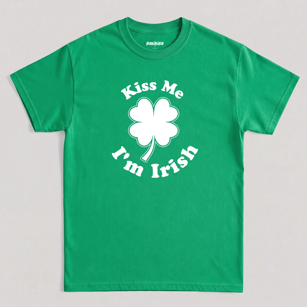 Irish Green Kiss Me I'm Irish T-Shirt featuring a white four-leaf clover graphic