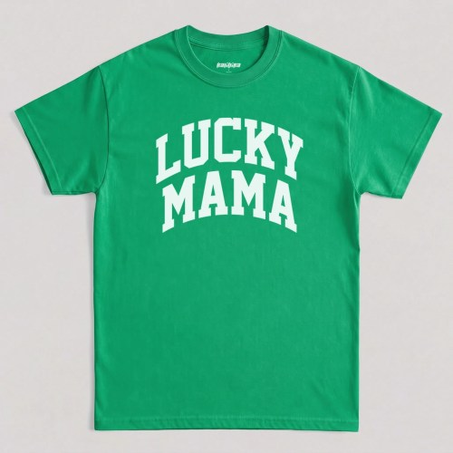 Irish Green Lucky Mama T-shirt with white varsity lettering