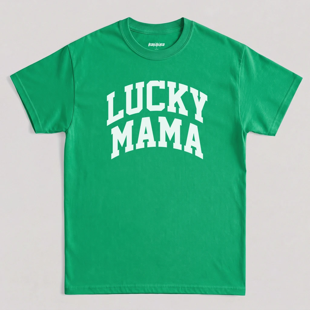 Irish Green Lucky Mama T-shirt with white varsity lettering