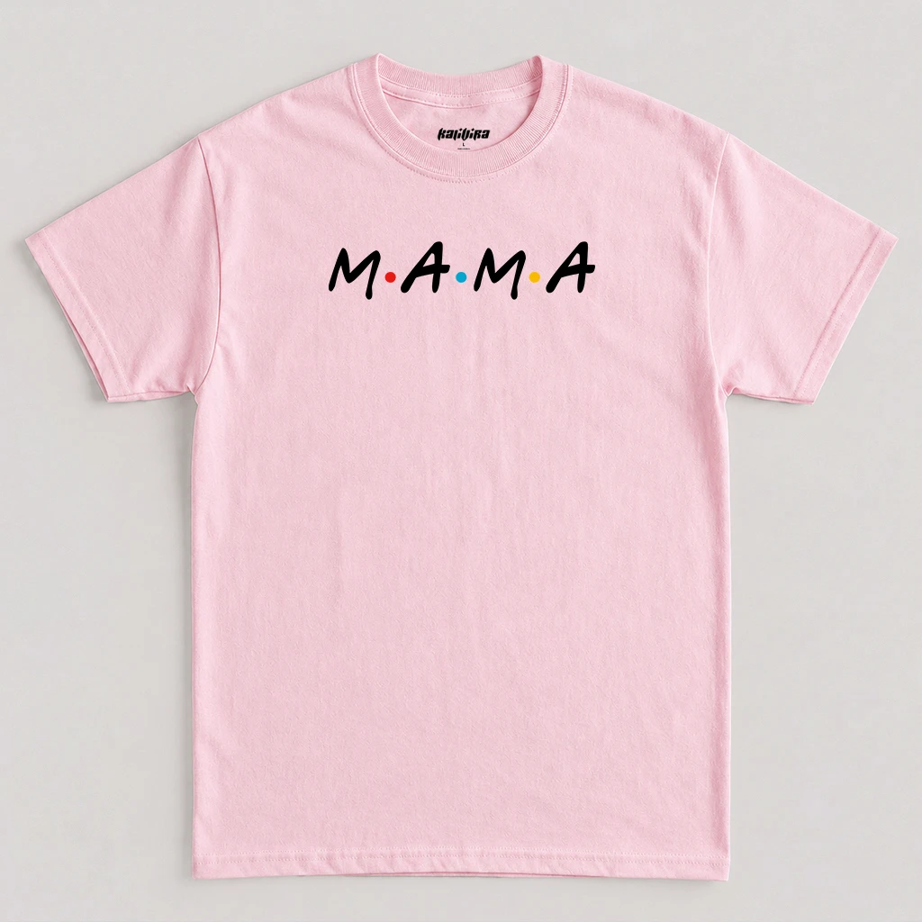 Light Pink Mama graphic T-shirt featuring white 90s sitcom style typography with colored dots