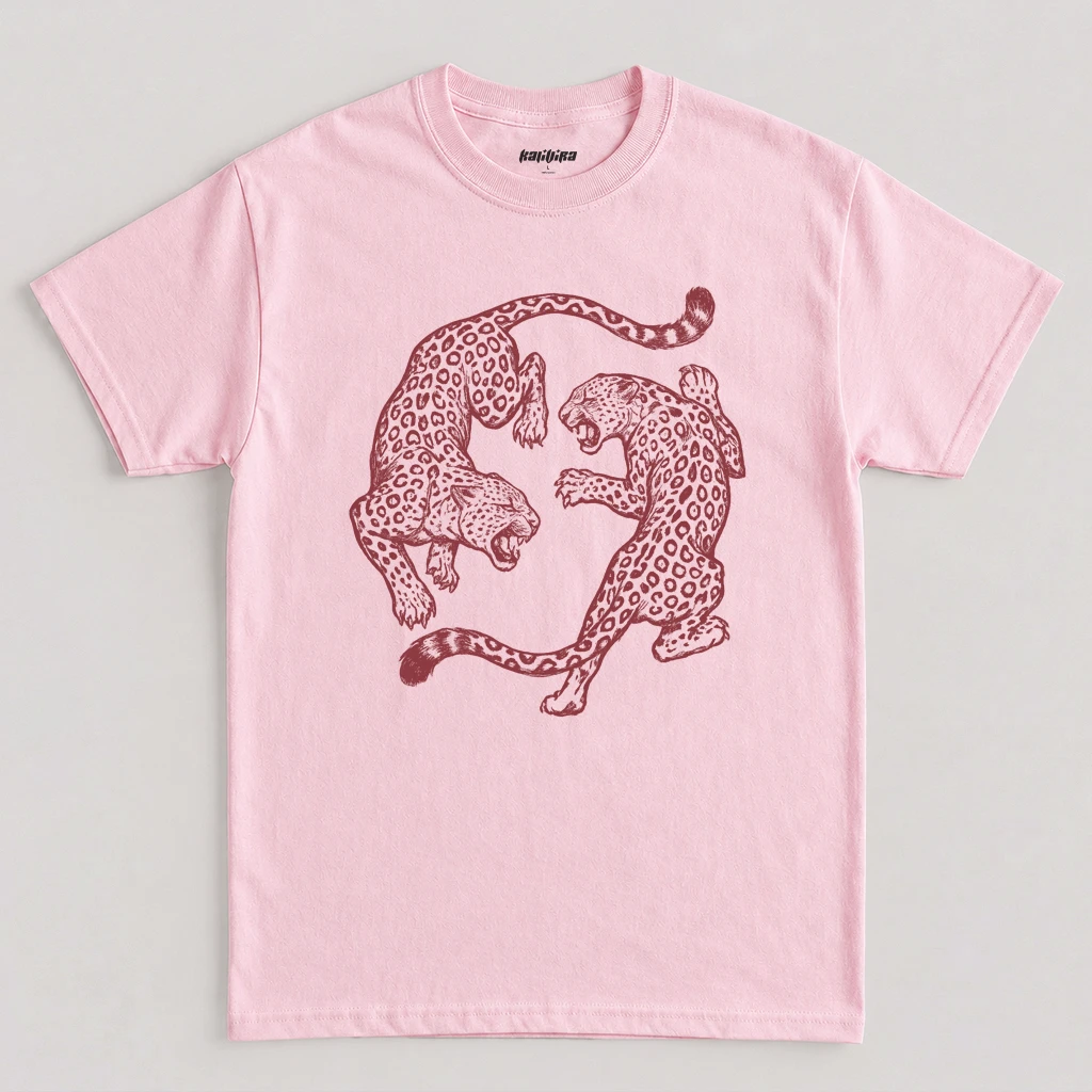 Light Pink vintage leopard fighting T-shirt with retro jungle big cat graphic