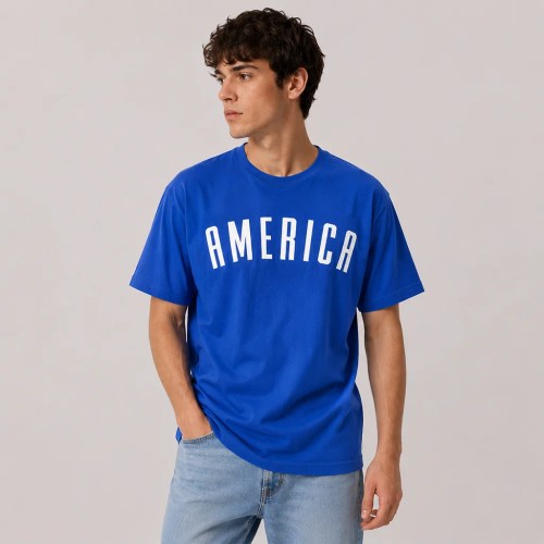 Man Wearing America Graphic T-Shirt, Patriotic USA Pride 4th of July Tee in Royal Blue Color