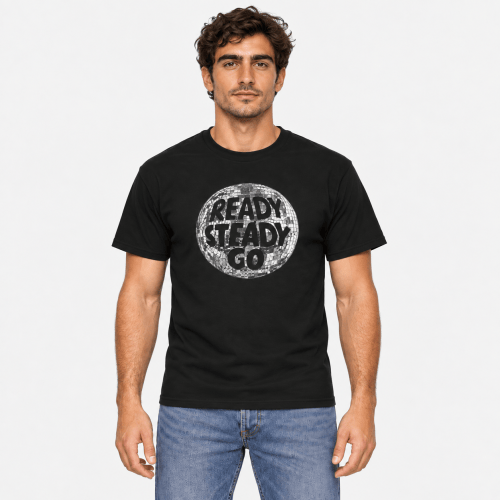 Man Wearing Black Ready Steady Go Disco Ball Shirt