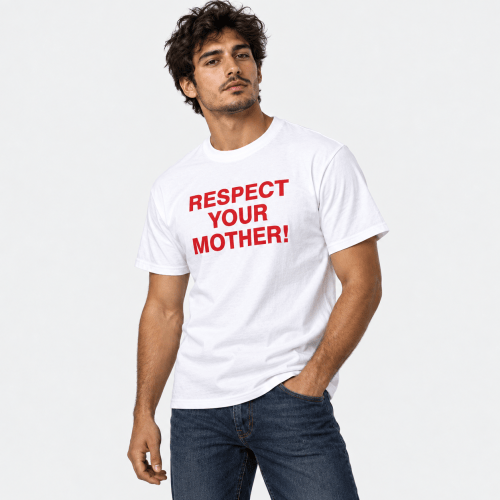 Man Wearing White Respect Your Mother T Shirt