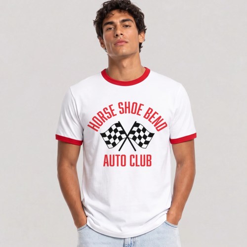Man White and red ringer Horse Shoe Bend Auto Club shirt featuring crossed checkered racing flags and retro auto club typography