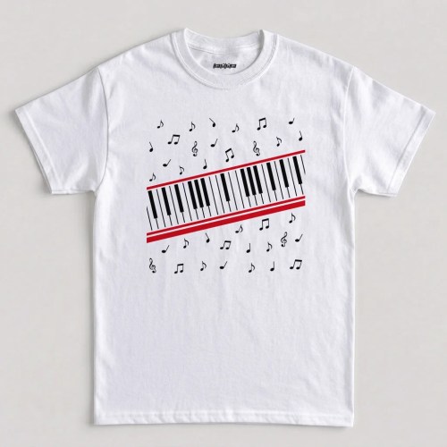 Michael Jackson Beat It piano keys t shirt featuring a diagonal keyboard with red borders and musical notes graphic artwork