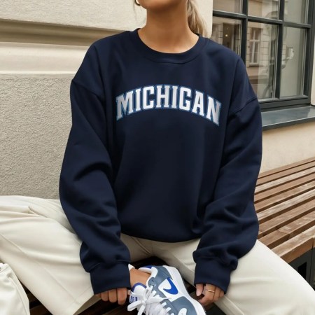 Michigan Crewneck Sweatshirt Cozy College Gameday Sweater In Navy Color