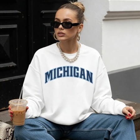 Michigan Crewneck Sweatshirt Cozy College Gameday Sweater In White Color Michigan Crewneck Sweatshirt Cozy College Gameday Sweater In White Color