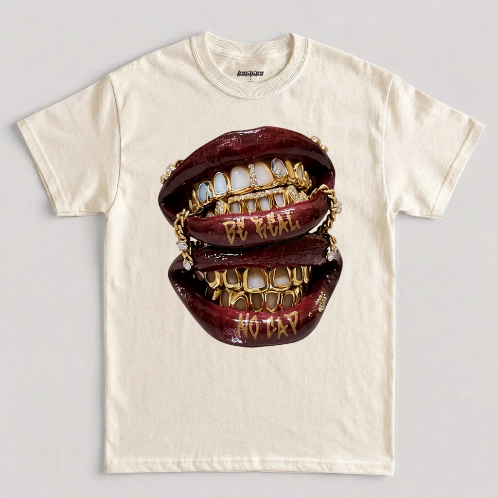 Natural Be Real No Cap hip hop grillz graphic T-shirt with gold teeth lips design