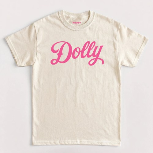 Natural Dolly Parton T Shirt with bold pink Dolly graphic