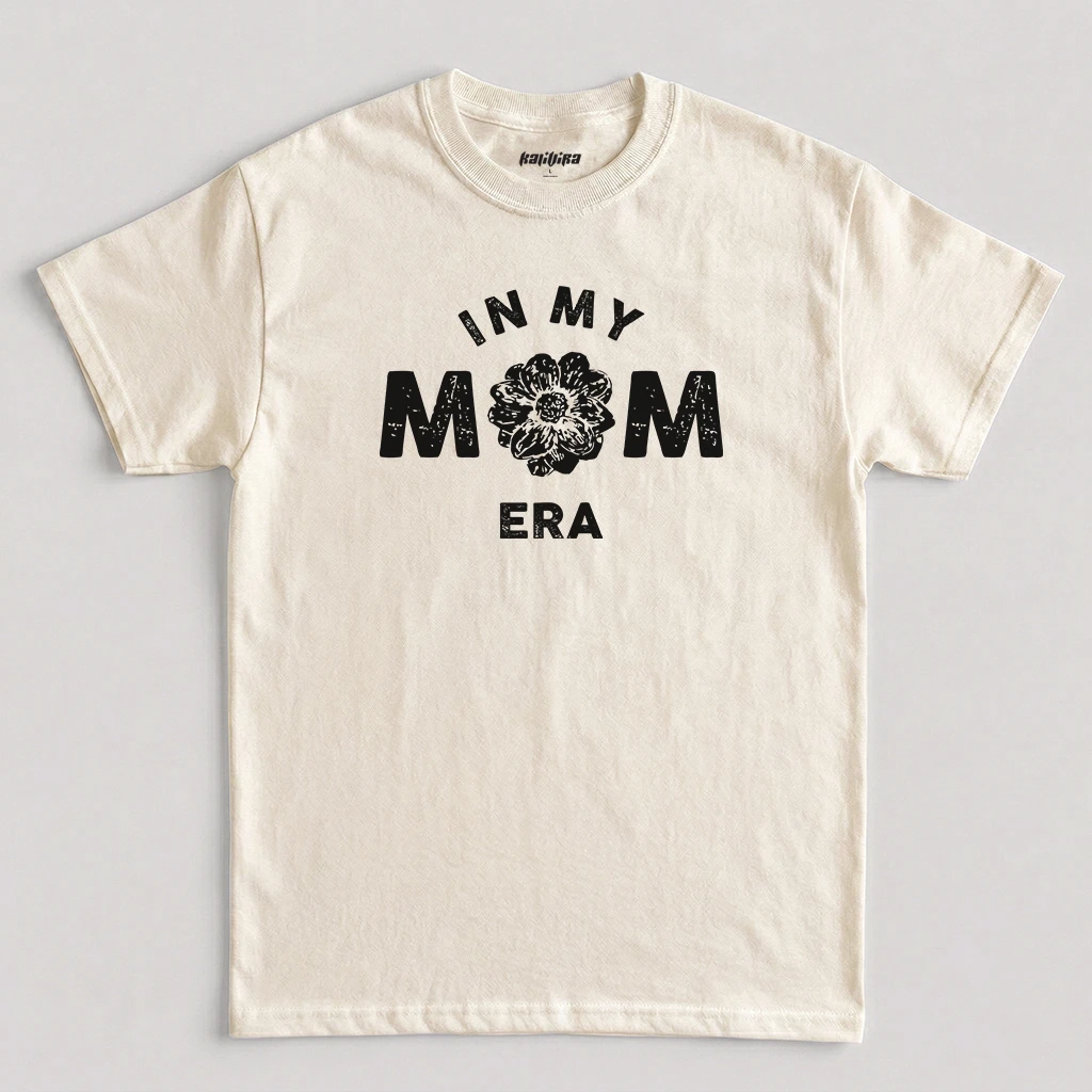 Natural In My Mom Era T-Shirt featuring a white distressed floral graphic