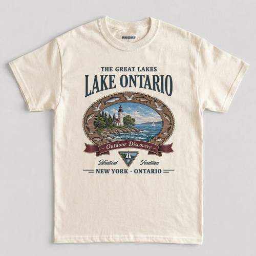 Natural Lake Ontario T Shirt with a vintage lighthouse graphic, nautical rope frame, fish artwork, and New York Ontario text.