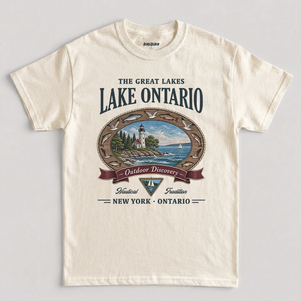 Natural Lake Ontario T Shirt with a vintage lighthouse graphic, nautical rope frame, fish artwork, and New York Ontario text.