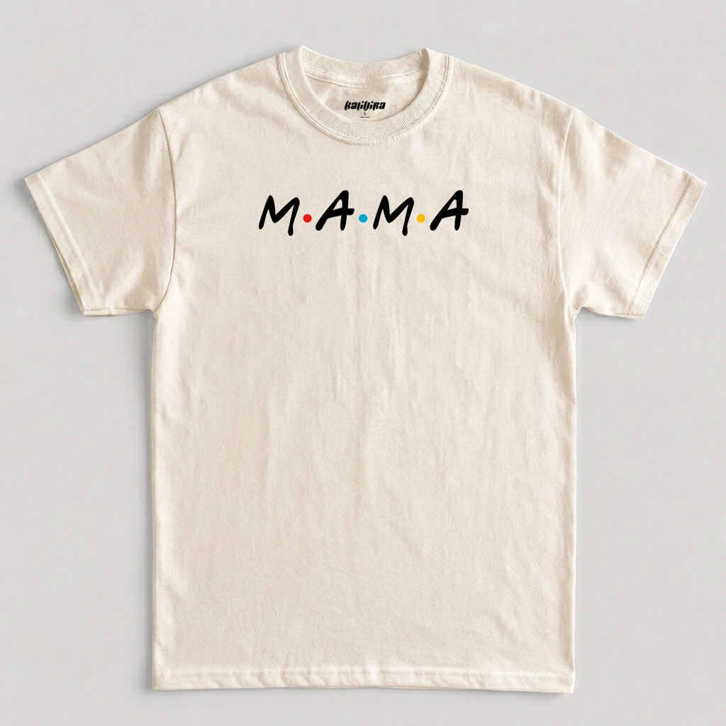Natural Mama graphic T-shirt featuring white 90s sitcom style typography with colored dots