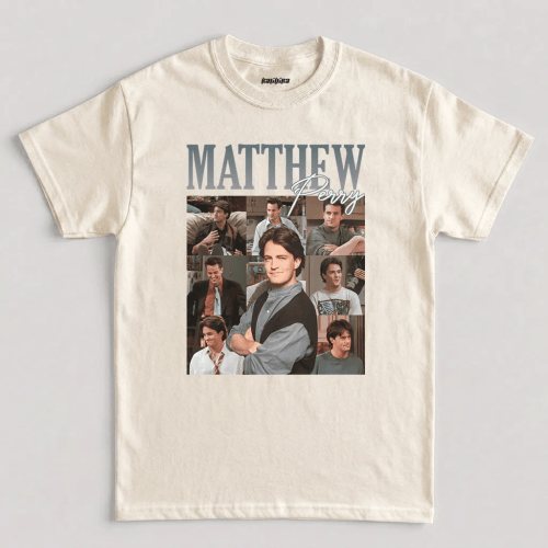 Matthew Perry Chandler Bing t shirt featuring 90s bootleg rap tee typography and photo collage grid across the chest graphic design