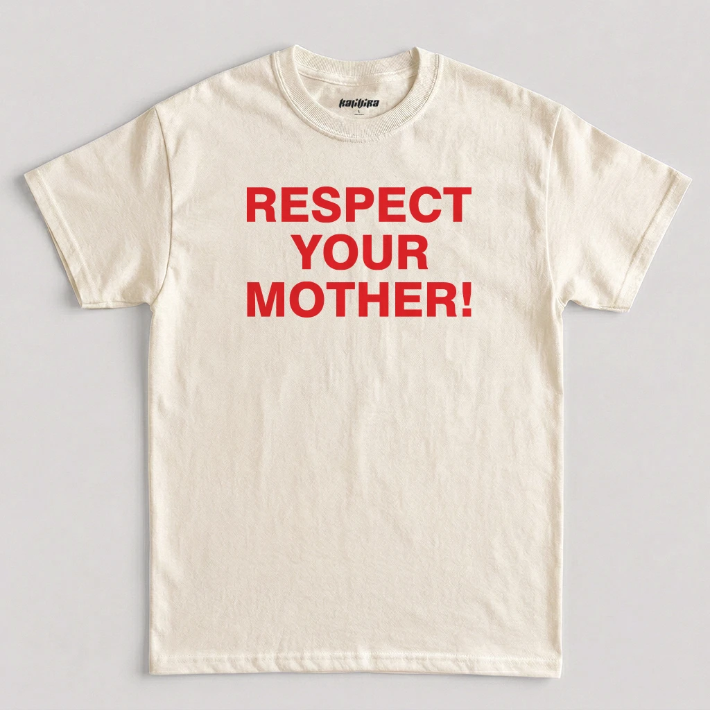 Natural Respect Your Mother T Shirt featuring red block typography and Harry Styles tour-inspired text