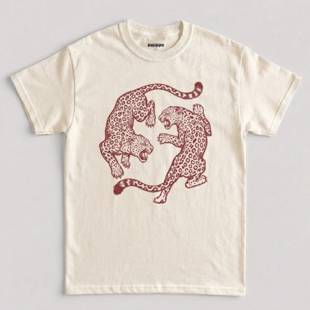 Natural vintage leopard fighting T-shirt with retro jungle big cat graphic