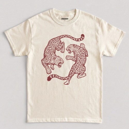Natural vintage leopard fighting T-shirt with retro jungle big cat graphic