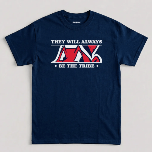 Navy Cleveland Indians shirt featuring the "They Will Always Be The Tribe" graphic with distressed red, white, and blue baseball typography design