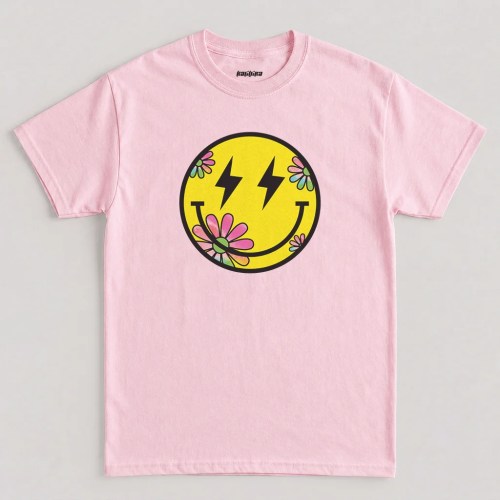 Retro Floral Smiley Face Graphic T-Shirt In Pink Color