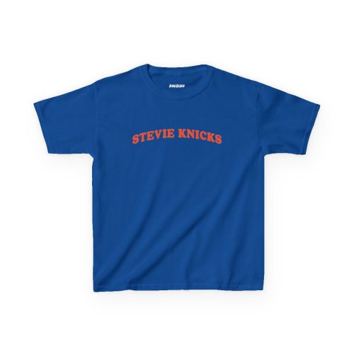 Royal Stevie Nicks basketball shirt baby tee featuring bold orange retro typography in a vintage Y2K graphic design inspired by the viral courtside trend and classic rock style