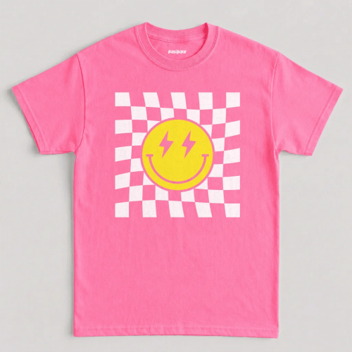 Safety Pink Preppy Smiley Face Retro Graphic T-Shirt