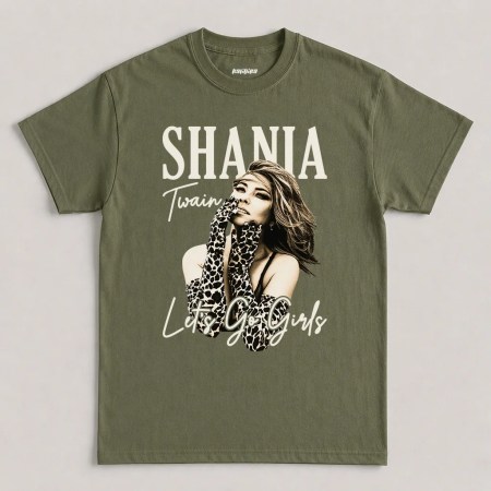 Shania Twain Let's Go Girls graphic t-shirt featuring leopard print photo design on military green cotton tee