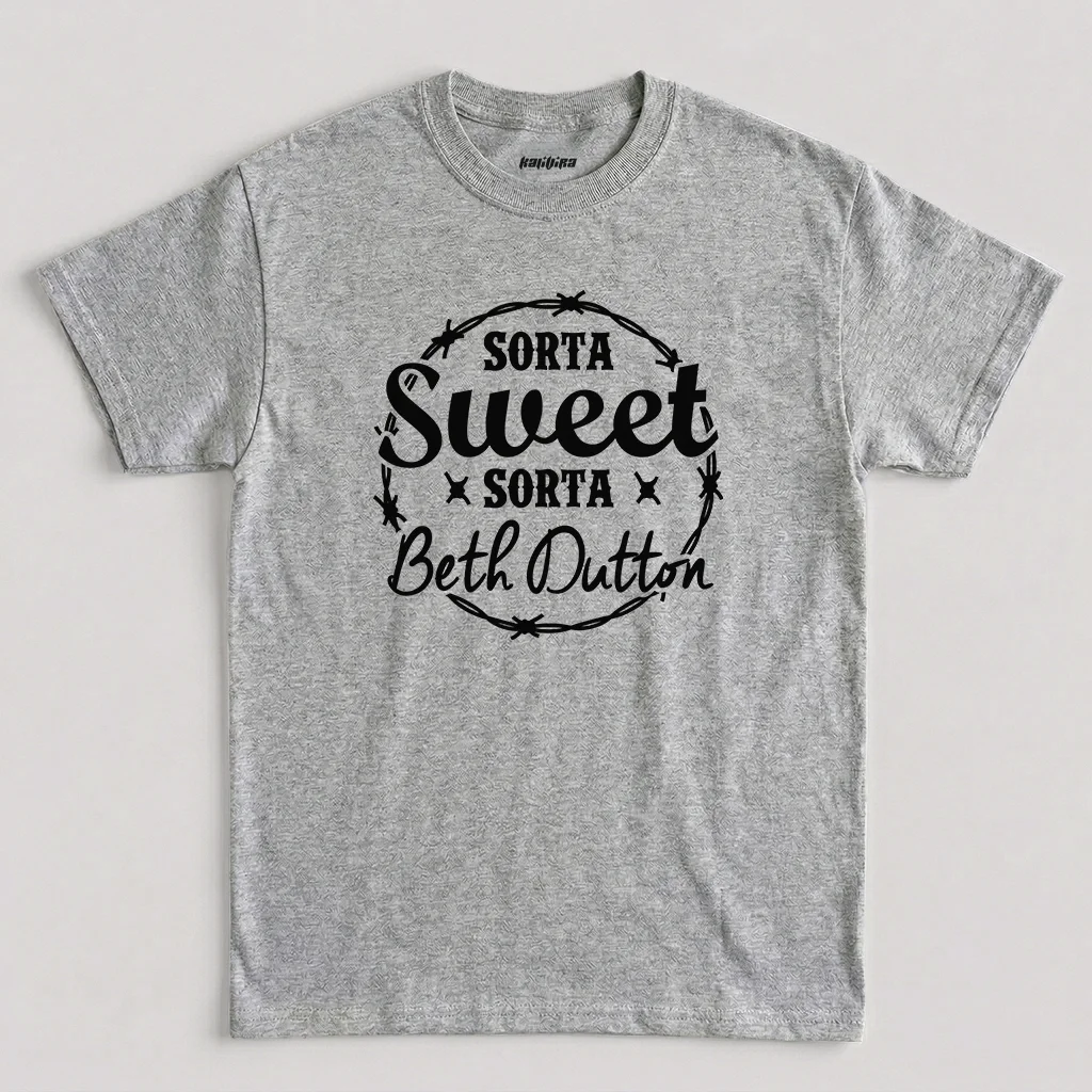 Sorta Sweet Sorta Beth Dutton graphic t-shirt featuring barbed wire typography design on sport grey cotton tee