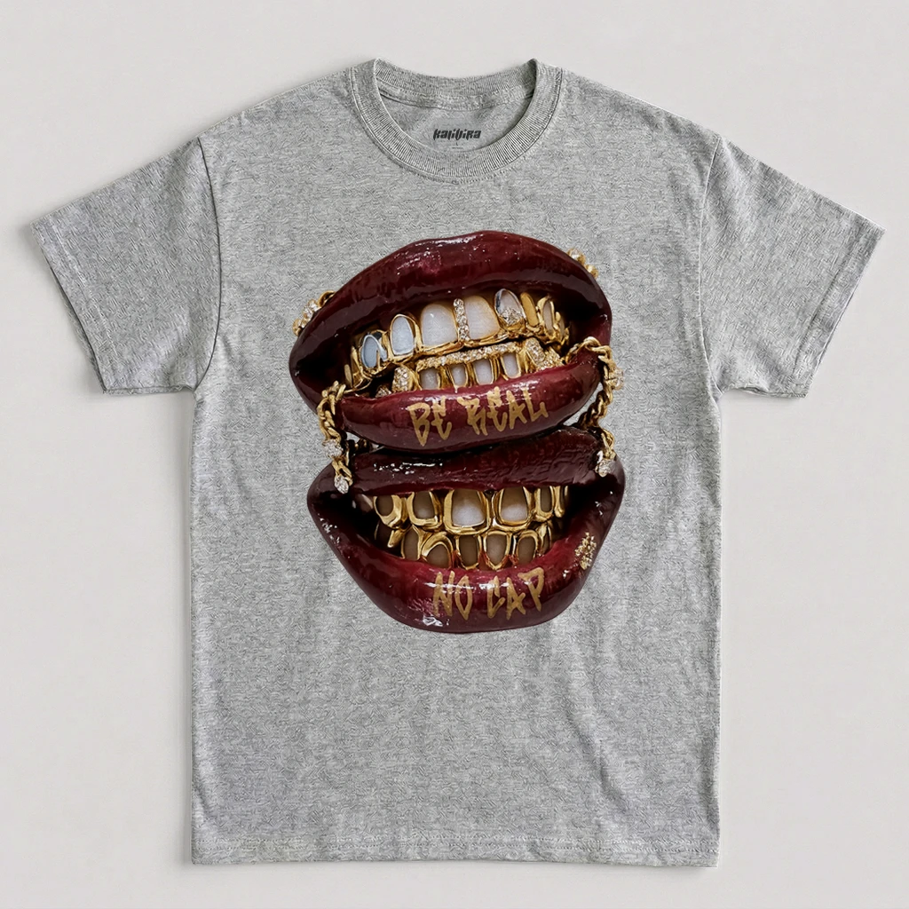 Sport Grey Be Real No Cap hip hop grillz graphic T-shirt with gold teeth lips design