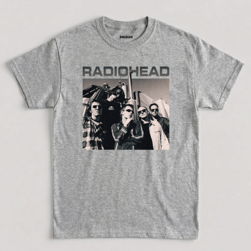 Radiohead shirt (Sport Grey) featuring square monochromatic band portrait artwork with bold block lettering on a vintage alternative rock graphic tee