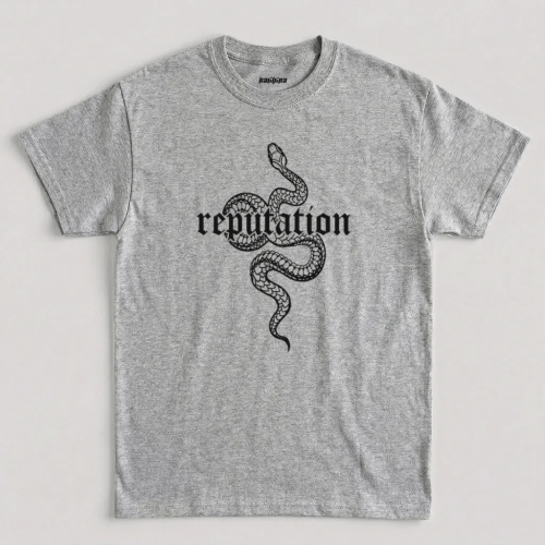 Reputation Era snake t shirt featuring coiled snake artwork with gothic lettering graphic design