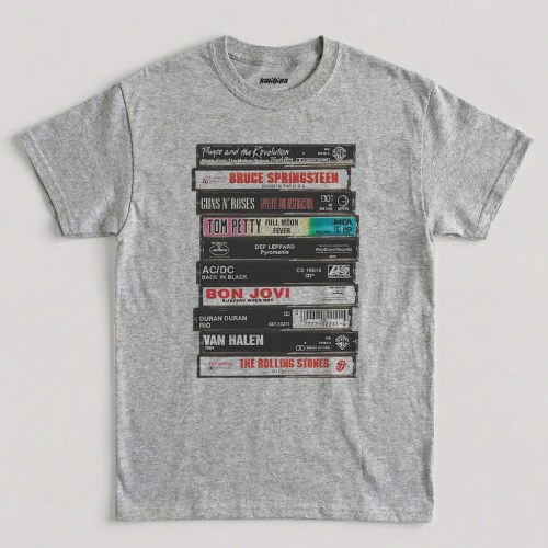 Sport Grey Classic Rock Cassette Tape T Shirt featuring a stacked album spine graphic with iconic rock band names and titles