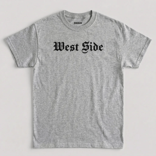 West Side Old English t shirt featuring white gothic typography across the chest graphic design