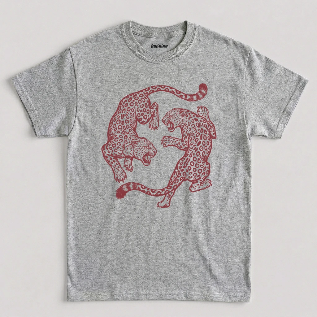 Sport Grey vintage leopard fighting T-shirt with retro jungle big cat graphic