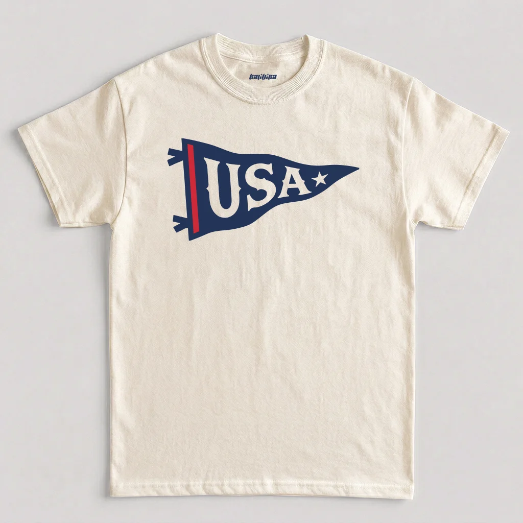 USA Pennant Patriotic Graphic T-Shirt – 4th of July Independence Day Tee in Natural