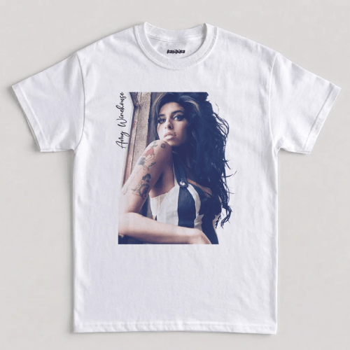 Amy Winehouse vintage graphic t-shirt featuring Back to Black era portrait photo with tattoos on white cotton tee