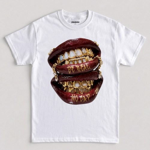 White Be Real No Cap hip hop grillz graphic T-shirt with gold teeth lips design