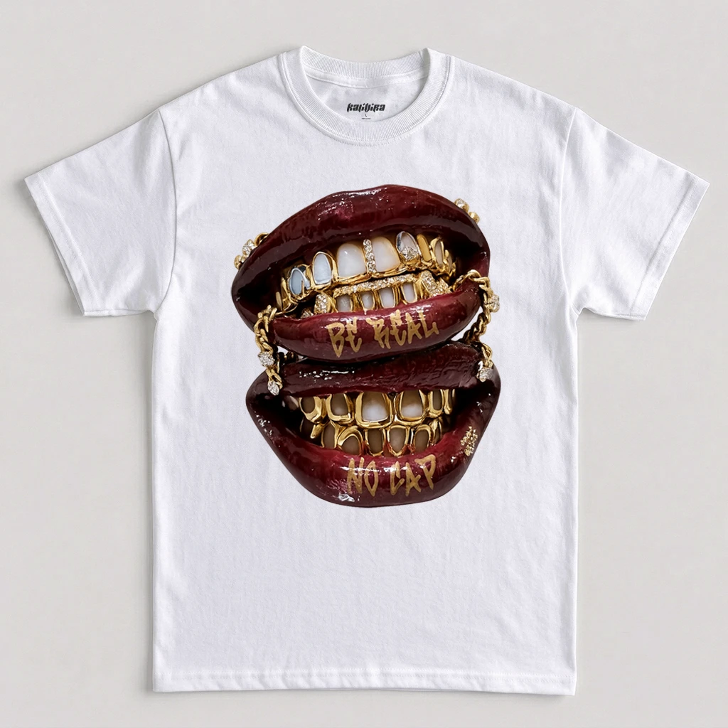 White Be Real No Cap hip hop grillz graphic T-shirt with gold teeth lips design
