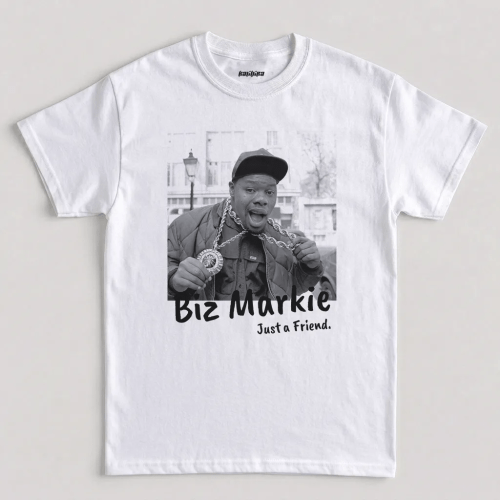 Biz Markie Just A Friend t shirt featuring a retro photo print across the chest graphic design