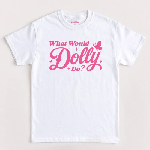 White Dolly Parton What Would Dolly Do T Shirt with pink retro typography, hearts and butterfly graphic