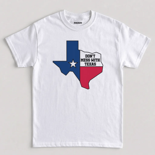 Dont Mess With Texas t shirt featuring a Texas state map flag outline with slogan text artwork