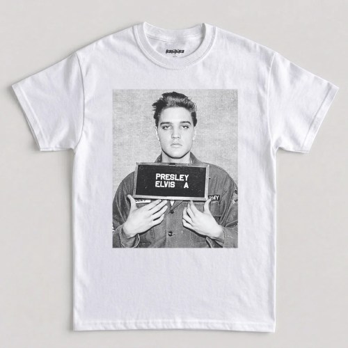 White Elvis Presley t-shirt, iconic 1960 Army mugshot vintage graphic tee
