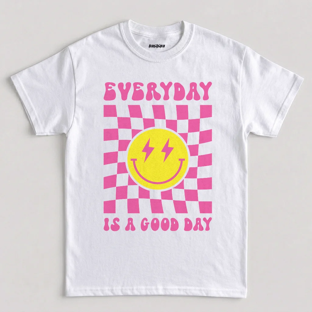 White Everyday Is A Good Day Retro Smiley Face Graphic T-Shirt