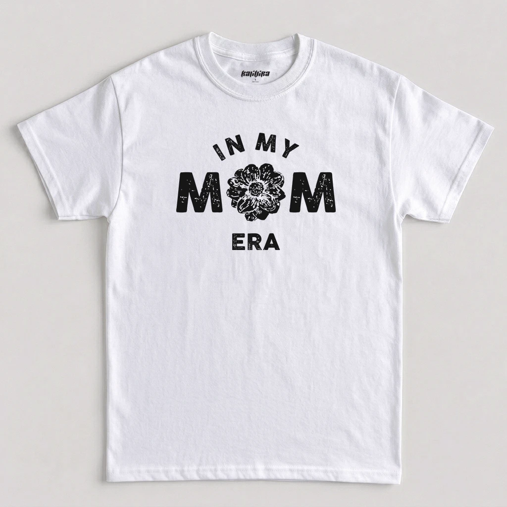 White In My Mom Era T-Shirt featuring a white distressed floral graphic