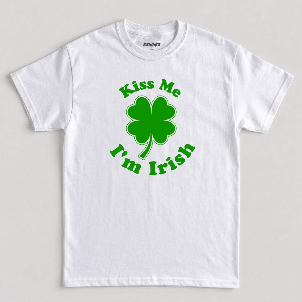 White Kiss Me I'm Irish T-Shirt featuring a white four-leaf clover graphic