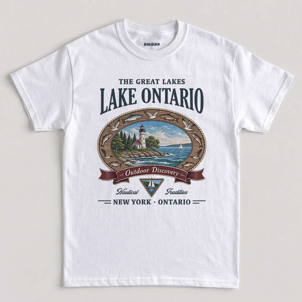 White Lake Ontario T-Shirt with a vintage lighthouse graphic, nautical rope frame, fish artwork, and New York Ontario text.