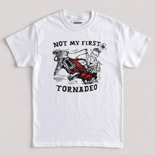 Not My First Tornadeo t shirt featuring a tornado wrangler in a red truck illustration across the chest graphic design