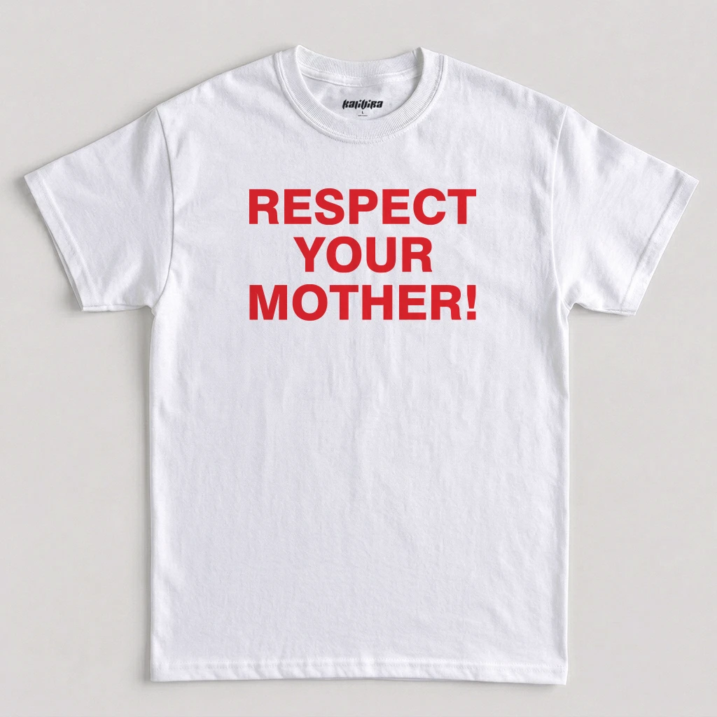 White Respect Your Mother T Shirt featuring red block typography and Harry Styles tour-inspired text