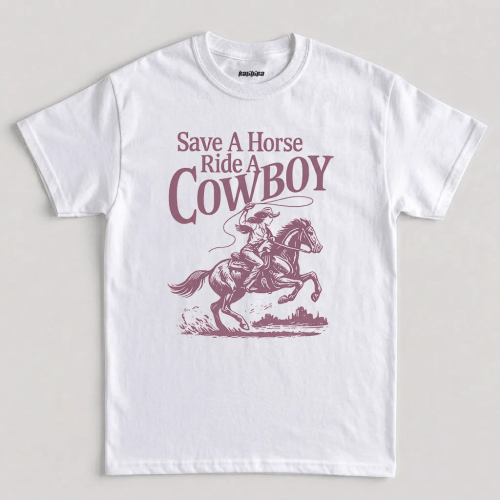 Save A Horse Ride A Cowboy t shirt featuring a vintage western cowgirl on horseback illustration across the chest graphic design
